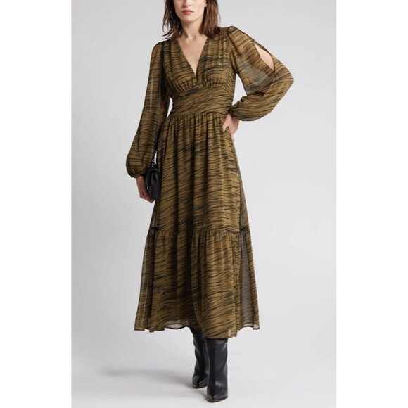 Chelsea28 Split Long Sleeve Tiered Dress In Olive Black Geode Stripe Size Large - Picture 1 of 5